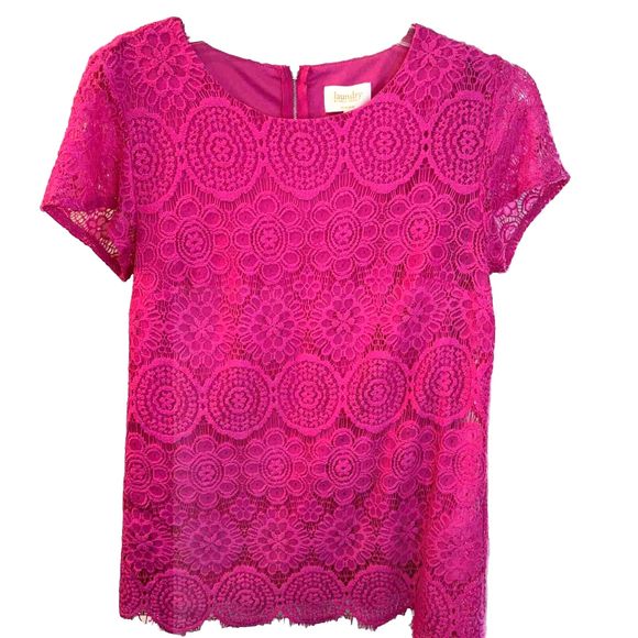 Laundry by Shelli Segal BERRY PINK Crochet Lace Short sleeve Lined Zip Top 8 - Picture 1 of 8